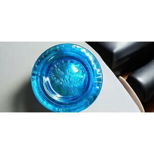 Vintage LE Smith Glass Ashtray Heritage Blue American Eagle and Stars Cigar 9.5"